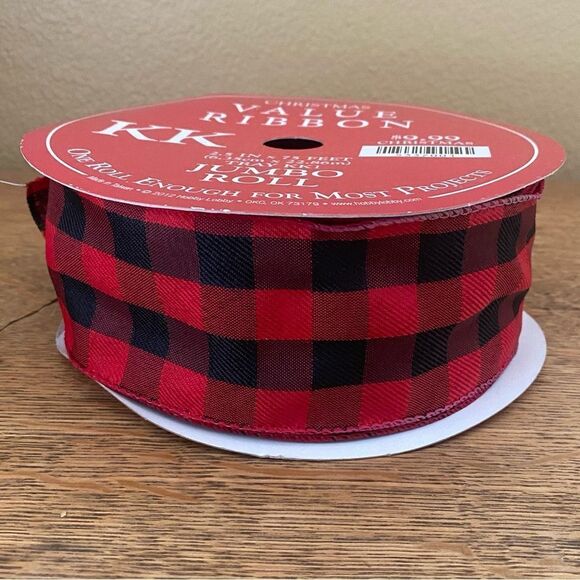 KK Black & Red Check Wire Ribbon One Roll. New! 2.5" 50 Feet Holidays Xmas Camp - Picture 1 of 3